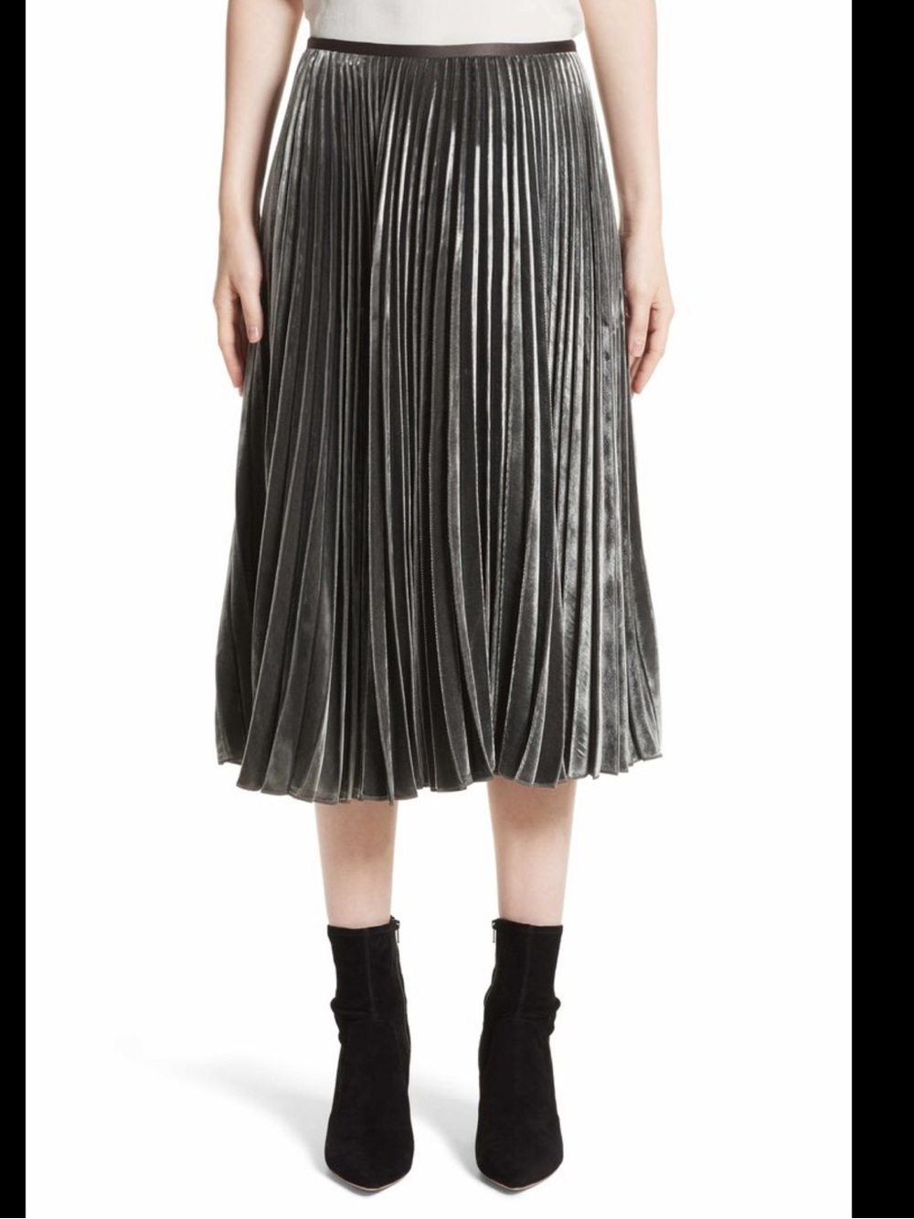 Lafayette 148 New York Metallic Pleated Midi Skirt - Silver Gray